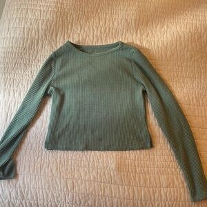 Green Ribbed Long Sleeve Top Waffle Knit